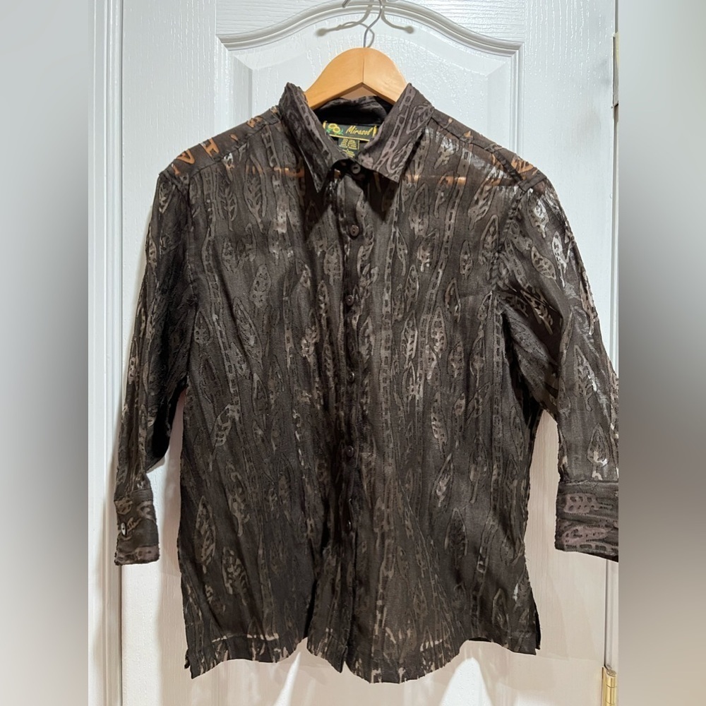 Mirasol linen blend brown lace button down blouse shirt top size large